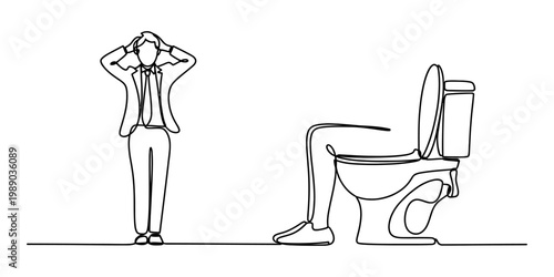 A single line drawing of a stressed businessman standing next to a person sitting on a toilet Vector, illustration