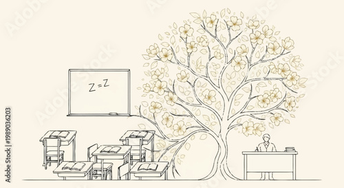 A teacher sits at a desk in a classroom with a blackboard, while a blooming cherry blossom tree grows beside it.