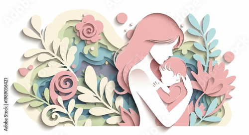 A tender illustration of a mother holding her baby, surrounded by delicate paper-cut flowers and foliage in soft pastel colors.