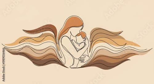 A mother cradles her baby, with flowing lines representing diverse skin tones forming wings behind them, symbolizing unity and love.