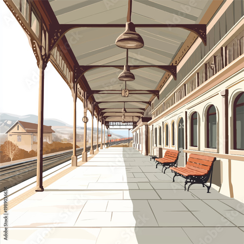 Vintage Train Station Platform with Ornate Ironwork and Wooden Benches.