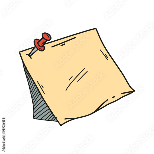 Hand drawn colored vector illustration of a blank yellow sticky note pinned with a red push pin.
