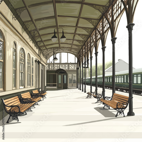 Vintage Train Station Platform with Ornate Ironwork and Wooden Benches.