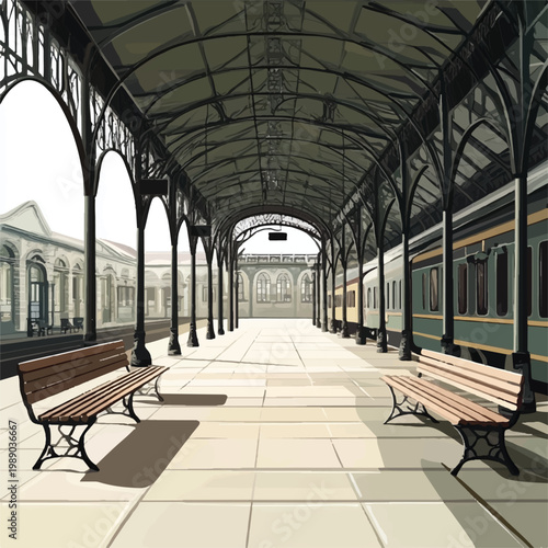 Vintage Train Station Platform with Ornate Ironwork and Wooden Benches.