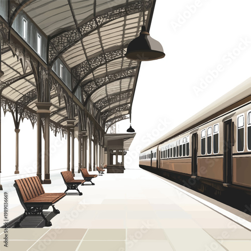 Vintage Train Station Platform with Ornate Ironwork and Wooden Benches.