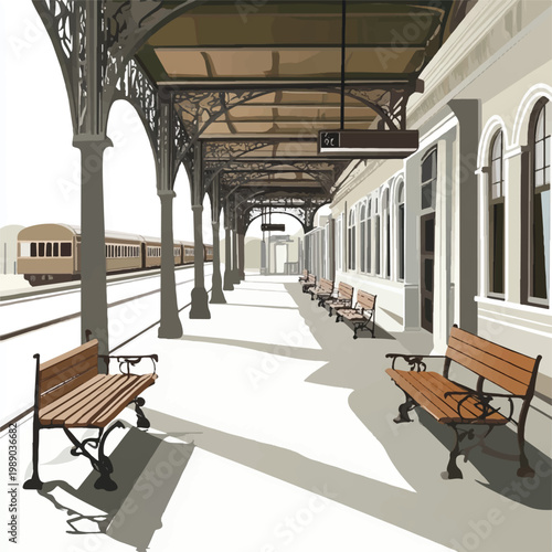 Vintage Train Station Platform with Ornate Ironwork and Wooden Benches.