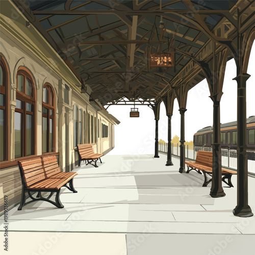 Vintage Train Station Platform with Ornate Ironwork and Wooden Benches.