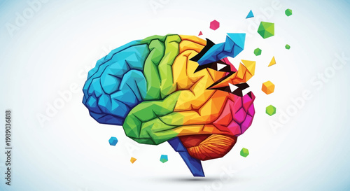 A colorful human brain fragmenting into geometric shapes, symbolizing creativity, thought, and mental processes.