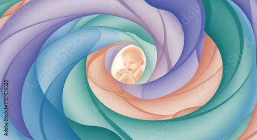 A fetus developing within a colorful, swirling vortex of abstract shapes and colors.