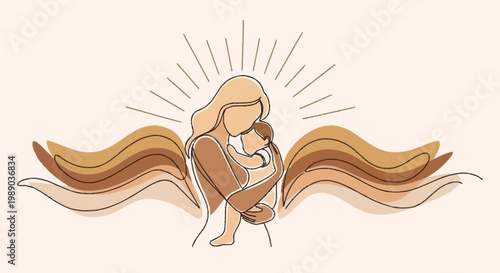 A minimalist line art illustration of a mother tenderly holding her baby, with abstract wavy shapes and radiating lines symbolizing love and protection.