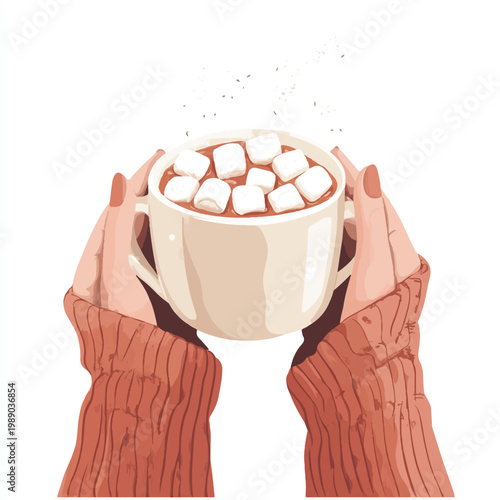 Warm hands holding a cup of hot chocolate with marshmallows on top.