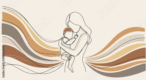 A minimalist line drawing depicts a mother tenderly holding her baby, surrounded by flowing, abstract waves of earthy tones.