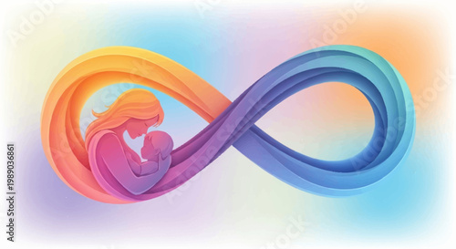 An abstract infinity symbol rendered in a gradient of warm to cool colors, cradling a silhouette of a mother holding her baby.
