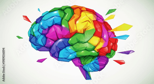 A vibrant, colorful illustration of a human brain with segments in various bright colors, symbolizing creativity and thought.