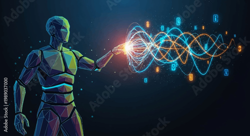 A futuristic humanoid robot interacting with glowing digital data streams and energy waves, symbolizing artificial intelligence and advanced technology.
