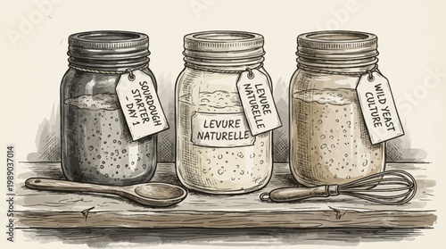 Hand drawn sourdough starter jars set. Rustic sketch style fermentation illustration with labels. Minimal neutral kitchen clipart for baking blogs, recipe cards, packaging, farmhouse decor. Vector