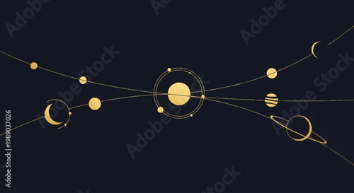 Abstract golden celestial bodies and orbits against a dark background, representing a stylized solar system.