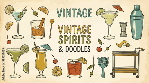 Retro cocktail doodle set with hand drawn garnish, classic drinks and vintage bar glass icons. Whimsical vector illustration for kitchen decor, party menu or creative wall art