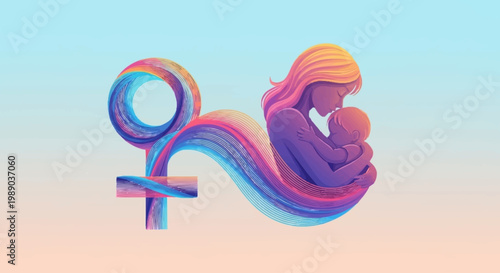 A vibrant, abstract illustration depicting a mother holding her baby, connected to the female symbol.