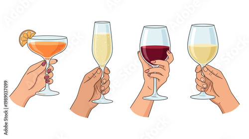 Set of female or male hand holding glass with alcoholic cocktails, champagne and wine. Alcohol drink. Summer aperitif, alcoholic beverage. Colored flat vector illustration isolated on white background