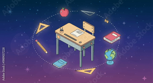 A whimsical illustration of a school desk surrounded by educational items against a starry, cosmic background.