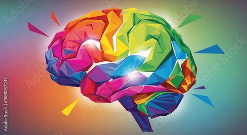 A vibrant, abstract, low-poly illustration of a human brain depicted in a spectrum of rainbow colors, symbolizing creativity and thought.