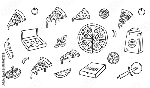 Hand drawn pizza doodle icon collection with playful food elements isolated on white background