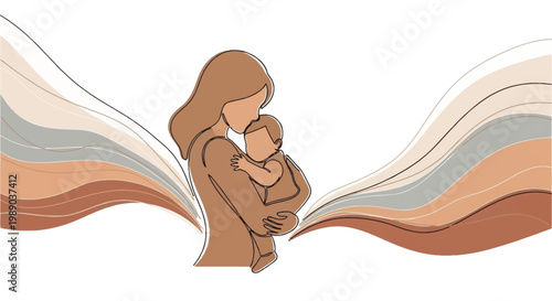 A minimalist line art illustration of a mother tenderly holding her baby, surrounded by flowing abstract shapes in warm, earthy tones, symbolizing maternal love and care.