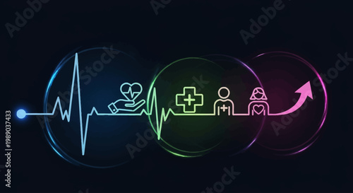 Neon glowing healthcare concept with heartbeat line, medical icons, and upward growth arrow on a dark background.