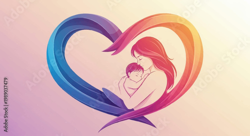 A mother tenderly cradles her baby within a vibrant, abstract heart-shaped embrace, symbolizing love and protection.