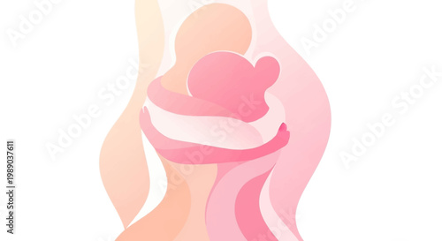 A minimalist illustration of two abstract figures embracing in soft pink and orange tones, symbolizing love, care, and connection.