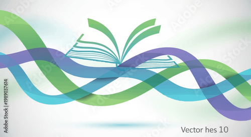 An open book with fanned pages sits amidst flowing, overlapping wavy lines in green, blue, and purple, creating a dynamic and abstract design.