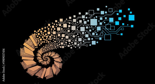 Abstract spiral evolving from organic texture to digital circuit squares, symbolizing transformation and technological advancement.