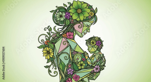 A stylized illustration of a mother embracing her baby, adorned with vibrant flowers, leaves, and geometric patterns, symbolizing nature's embrace and maternal love.