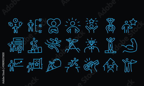 Blue Communication and Empathy line icon Set, Interpersonal Skills Vector Illustration Web Icon Minimal Outline Drawing Clipart Symbol Collection