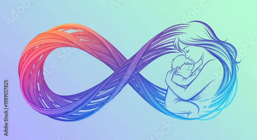A mother tenderly embracing and kissing her baby within a vibrant, flowing infinity symbol, representing endless love and connection.