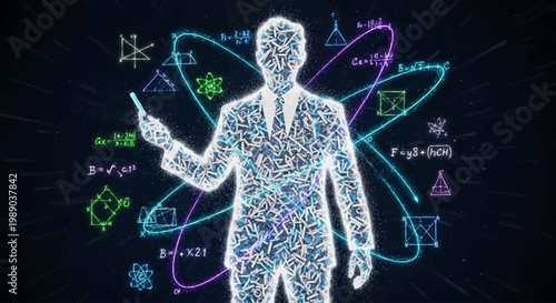 A glowing, abstract representation of a man in a suit, surrounded by scientific formulas and atomic structures, symbolizing knowledge and education.