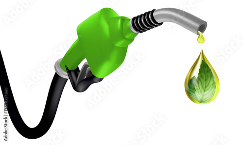 3D vector illustration vibrant green fuel pump nozzle gold translucent biofuel containing a distinct green leaf dynamic stream smaller biofuel droplets connects  spout and main droplet