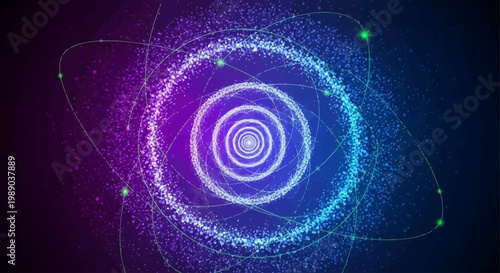 Abstract glowing atomic structure with orbiting particles and concentric rings in vibrant purple and blue.