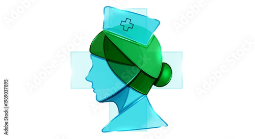 A stylized graphic illustration of a nurse's profile in blue and green, featuring a medical cross on her cap and in the background.