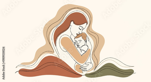 Abstract line art illustration of a loving mother tenderly embracing her sleeping baby, symbolizing maternal bond and care.