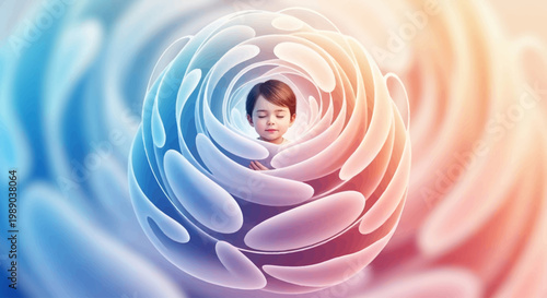 A young child in a meditative pose, enveloped by a swirling vortex of abstract, colorful energy.