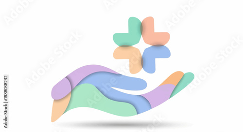 A stylized hand gently cradles a colorful plus sign symbol representing healthcare and well-being.