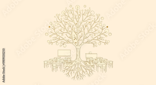 An artistic illustration of a tree with roots intertwined with desks and chairs, symbolizing education and growth.
