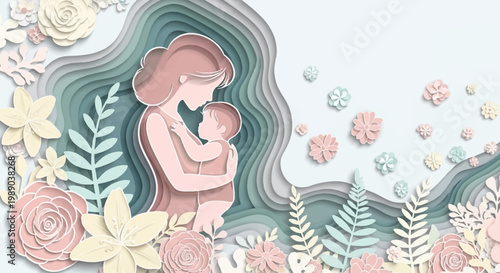 A mother tenderly holds her baby in a beautiful paper-cut art style with floral and leaf elements.