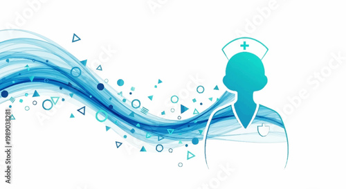 Abstract blue wave pattern with nurse silhouette and medical symbols.