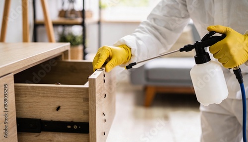 A pest control specialist in protective gear and yellow gloves sprays insecticide on cockroaches infesting a wooden dresser drawer in a home.