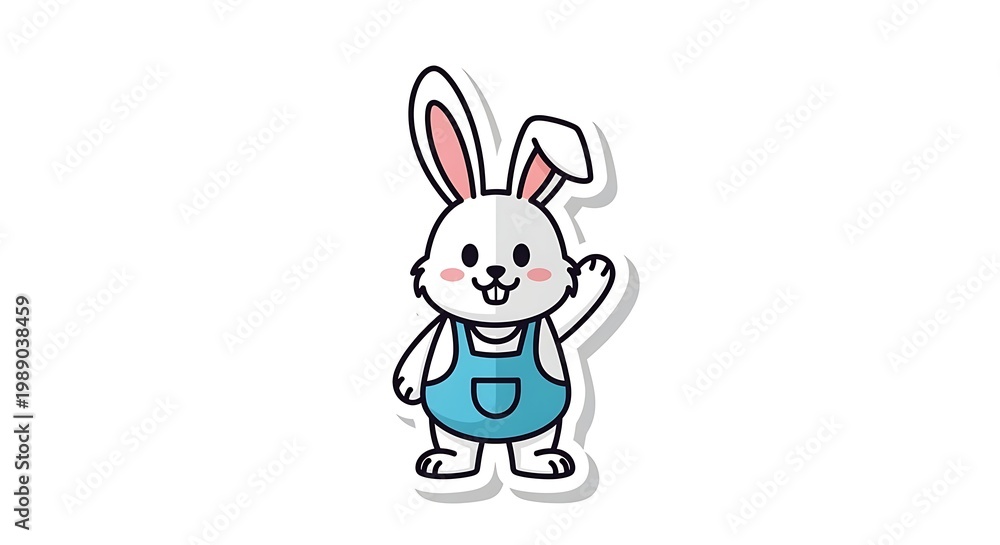 Obraz premium Friendly Bunny: An adorable cartoon bunny, sporting charming overalls, waves hello with a cheerful grin and invites all with this captivating character