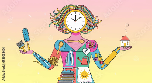 A person with a clock for a face, balancing household chores and responsibilities on either side of their body.