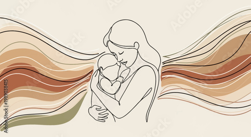 A minimalist line art illustration of a mother tenderly holding her baby, with abstract wavy lines in earthy tones in the background.